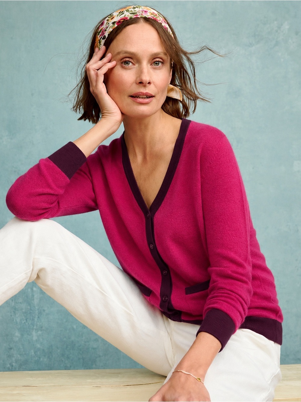 Garnet Hill Cashmere Essential Fuchsia Cardigan with Deep Purple Trim